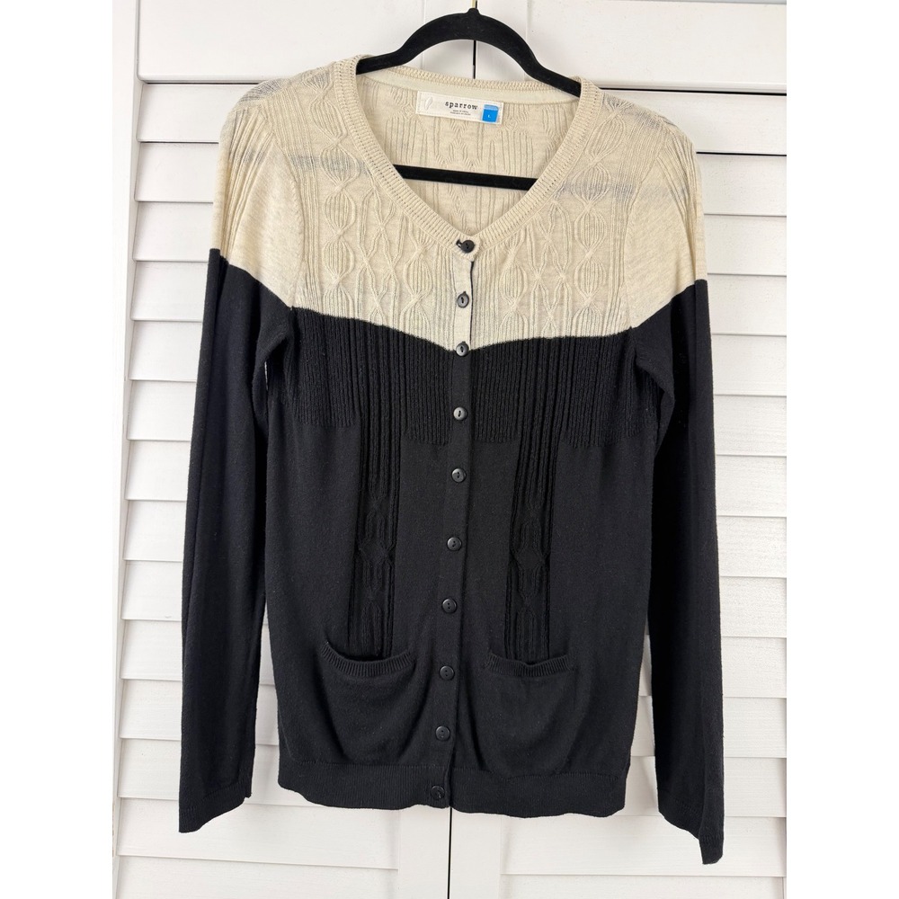 Sparrow Anthropologie Cardigan Sweater L Black Cream Cotton Cashmere Colorblock